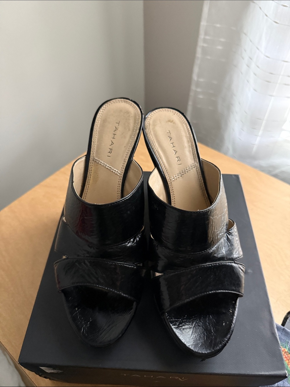 Tahari Black Patent Slide Mules